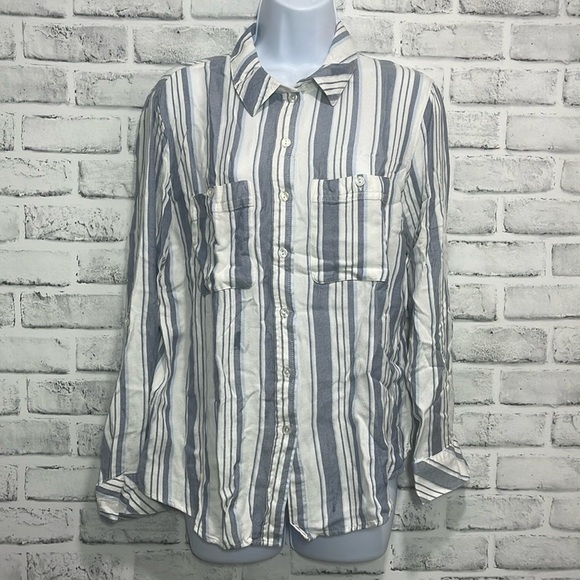 Sanctuary Tomboy Strip Shirt Roll Tab Sleeves Large - Picture 1 of 8